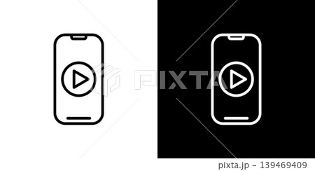 再生マークが表示されたスマホ画面のラインアイコン。白い線と黒い線のモノクロベクターイラストセット 139469409