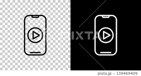 再生マークが表示されたスマホ画面のラインアイコン。白い線と黒い線のモノクロベクターイラストセット 139469409