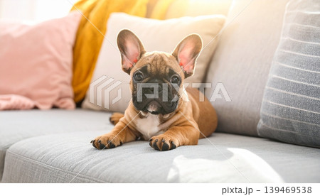 Charming French bulldog puppy resting peacefully on a cozy indoor sofa Charming French bulldog puppy resting peacefully on a cozy indoor sofa 139469538