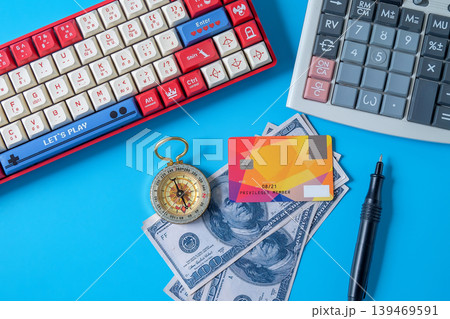 Credit card and money with compass,Traveling plan. Credit card and money with compass,Traveling plan. 139469591