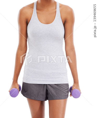 Woman, hands and dumbbells for weightlifting, exercise or workout against a white studio background. Closeup of female person with small weights for bodybuilding or muscle gain in fitness on mockup 139469655