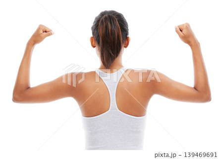 Flexing arms, back and woman with fitness, strong muscle and wellness isolated on a white studio background. Mockup space, person and model with progress, endurance and healthy with confident girl Flexing arms, back and woman with fitness, strong muscle and wellness isolated on a white studio background. Mockup space, person and model with progress, endurance and healthy with confident girl 139469691