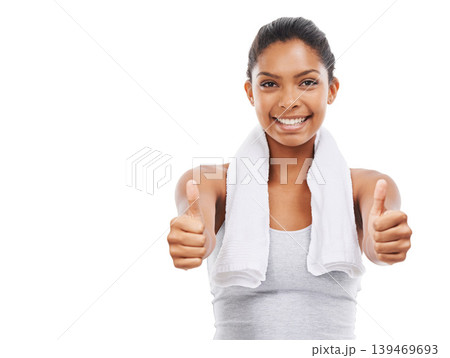 Fitness, thumbs up and woman in portrait for training success, workout achievement and winning hands in studio. Happy model and yes, OK and happy workout results or like emoji on a white background 139469693
