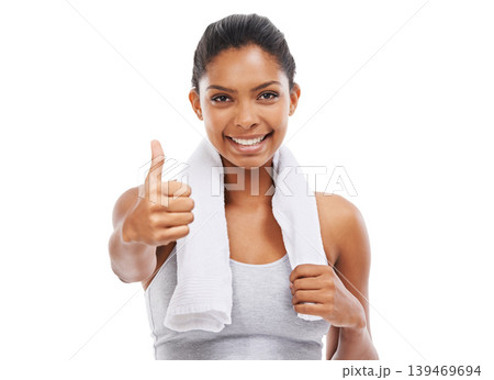 Fitness, thumbs up and woman in studio for training success, exercise achievement and winning hands or like emoji. Portrait, sports model and yes, okay or happy workout results on a white background Fitness, thumbs up and woman in studio for training success, exercise achievement and winning hands or like emoji. Portrait, sports model and yes, okay or happy workout results on a white background 139469694