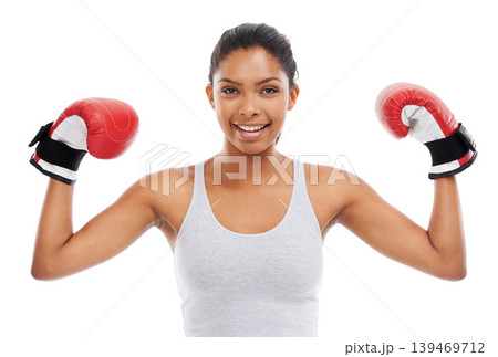 Portrait, boxer and fight with woman, flexing and exercise isolated on white studio background. Face, person and challenge with wellness, boxing and mma training with fitness, energy or strong muscle Portrait, boxer and fight with woman, flexing and exercise isolated on white studio background. Face, person and challenge with wellness, boxing and mma training with fitness, energy or strong muscle 139469712