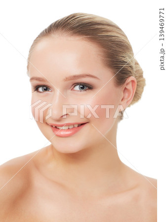 Woman, makeup and smile with portrait, face and model for skin, cosmetics on white background. Topless, beautiful and headshot with shine, skincare or clean for facial glow, cosmetology or grooming Woman, makeup and smile with portrait, face and model for skin, cosmetics on white background. Topless, beautiful and headshot with shine, skincare or clean for facial glow, cosmetology or grooming 139469771