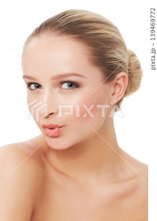 Woman, makeup and beauty with portrait, pout and model for skin, cosmetics on white background. Topless, beautiful and headshot with shine, skincare or clean for facial glow, dermatology or grooming Woman, makeup and beauty with portrait, pout and model for skin, cosmetics on white background. Topless, beautiful and headshot with shine, skincare or clean for facial glow, dermatology or grooming 139469772