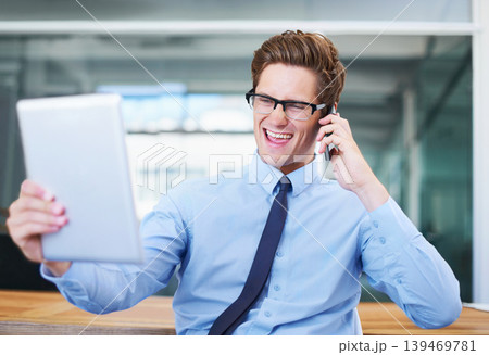 Businessman, phone call and reading tablet or smile in office, notification and communication for news. Male person, discussion and information or online announcement, smartphone and conversation Businessman, phone call and reading tablet or smile in office, notification and communication for news. Male person, discussion and information or online announcement, smartphone and conversation 139469781