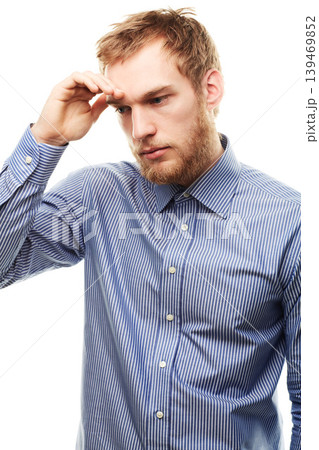Business, man and headache with stress, anxiety and worker isolated on white studio background. Person, consultant and entrepreneur with a migraine, depression and professional with doubt or confused 139469852