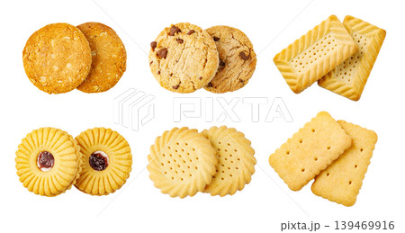 Assortment of baked biscuits and sweet cookies variety 139469916