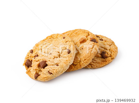 Three chocolate chip cookies on a white background Three chocolate chip cookies on a white background 139469932