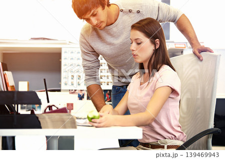 Business people, notebook and teamwork in office for creative brainstorming, project proposal and advertising agency. Young man and woman or manager planning, advice or portfolio feedback for startup Business people, notebook and teamwork in office for creative brainstorming, project proposal and advertising agency. Young man and woman or manager planning, advice or portfolio feedback for startup 139469943
