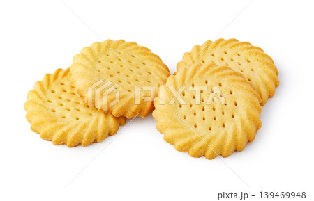 Round butter cookies with perforated pattern on white background Round butter cookies with perforated pattern on white background 139469948