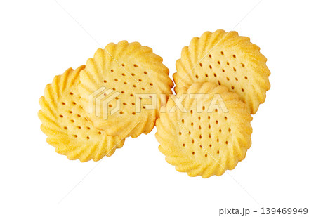 Golden shortbread swirl cookies on white background 139469949