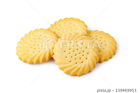 Round butter cookies with holes on white background Round butter cookies with holes on white background 139469953