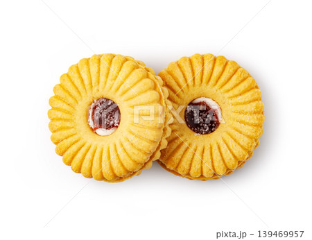 Jam sandwich cookies with fruit jelly on white background Jam sandwich cookies with fruit jelly on white background 139469957