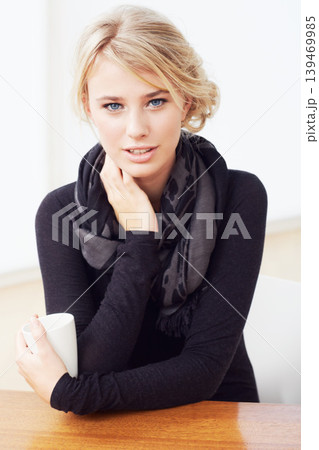 Portrait, home and morning with woman, coffee and relaxing with weekend break, vacation and apartment. Face, person or girl with green tea, peace and espresso with latte, confidence or calm in lounge Portrait, home and morning with woman, coffee and relaxing with weekend break, vacation and apartment. Face, person or girl with green tea, peace and espresso with latte, confidence or calm in lounge 139469985