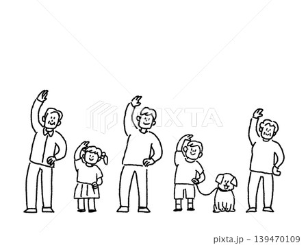 体操をする人たち(子供、大人、お年寄り、犬)、線画 体操をする人たち(子供、大人、お年寄り、犬)、線画 139470109