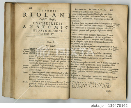 Antique medical book, page or research of medicine study, historical library archive or biology reference info. Latin language, healing service guide or wisdom learning for health wellness literature 139470162