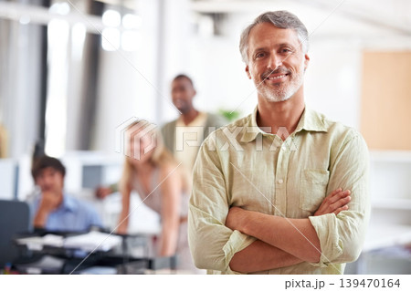 Director, portrait of businessman with arms crossed for startup agency in creative company or workplace. Blurred background, mature ceo and face or happy with confidence, pride for leadership in job 139470164