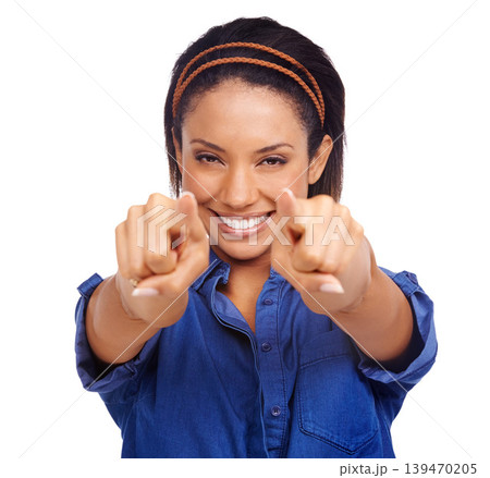 Portrait smile, woman and pointing at you, choice or decision for promotion winner, selection or choosing volunteer. Face, hand gesture and model happy for encouragement isolated on white background 139470205