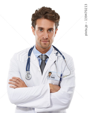 Doctor, portrait or man for arms crossed in studio, confident or healthcare employee in medical career. Specialist, face or cardiologist in trust in medicine pride or stethoscope by white background Doctor, portrait or man for arms crossed in studio, confident or healthcare employee in medical career. Specialist, face or cardiologist in trust in medicine pride or stethoscope by white background 139470213