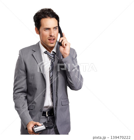 Stress, phone call or business man with telephone or work conflict, fight or difficult client feedback on studio white background. Angry, argument and frustrated entrepreneur with consulting drama 139470222