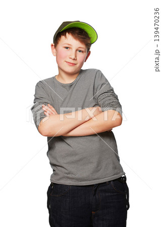 Portrait, fashion and a boy child arms crossed in studio isolated on a white background for youth style. Smile, trendy or clothes and a confident young male kid in a casual outfit with a cap Portrait, fashion and a boy child arms crossed in studio isolated on a white background for youth style. Smile, trendy or clothes and a confident young male kid in a casual outfit with a cap 139470236