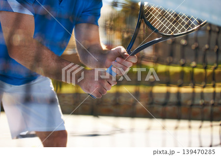 Tennis match, fitness and hands in outdoors, competition and man playing on court at country club. Athlete, training and exercise or racket for game, performance and practice or workout at stadium Tennis match, fitness and hands in outdoors, competition and man playing on court at country club. Athlete, training and exercise or racket for game, performance and practice or workout at stadium 139470285