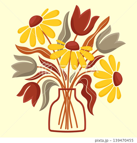 Floral bouquet in glass vase with daisies and tulips vector illustration. Floral bouquet in glass vase with daisies and tulips vector illustration. 139470455