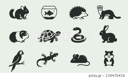Small pets and exotic animals black icons set vector illustration. Small pets and exotic animals black icons set vector illustration. 139470458