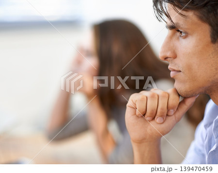 Business man, profile and thinking on company future and contemplating in office for work. Male person, side view and professional or inspiration for ideas, growth and vision for career development Business man, profile and thinking on company future and contemplating in office for work. Male person, side view and professional or inspiration for ideas, growth and vision for career development 139470459