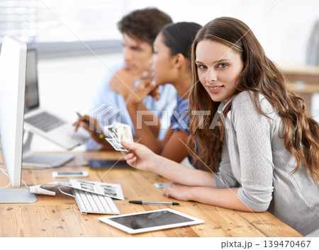Woman, portrait and editing in office, photos and digital marketing agency or retouching at creative business. Female person, face and working on project or professional at photography company 139470467