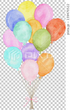 watercolor balloon bouquet featuring colorful pastel balloons tied with ribbon isolated on a transparent background. Perfect for invitations, baby showers, and party decorations watercolor balloon bouquet featuring colorful pastel balloons tied with ribbon isolated on a transparent background. Perfect for invitations, baby showers, and party decorations 139470522