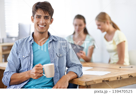 Businessman, drinking coffee and smile in portrait, employee and confidence for career and planning. Indian male person, teamwork and pride for collaboration or support in office, happy and hot tea Businessman, drinking coffee and smile in portrait, employee and confidence for career and planning. Indian male person, teamwork and pride for collaboration or support in office, happy and hot tea 139470525