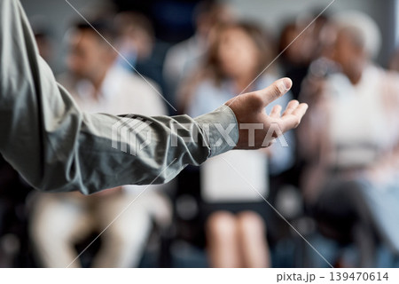 Hand, speaker and speech to audience in seminar for insight, knowledge and career development. Summit event, person and keynote address to business crowd for industry trends, learning and information Hand, speaker and speech to audience in seminar for insight, knowledge and career development. Summit event, person and keynote address to business crowd for industry trends, learning and information 139470614