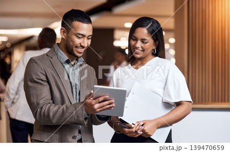 Tablet, smile or business people in lobby for conference, speaker coordination or schedule discussion. Tech, talk or event planner team with seminar organization, review attendance register or agenda Tablet, smile or business people in lobby for conference, speaker coordination or schedule discussion. Tech, talk or event planner team with seminar organization, review attendance register or agenda 139470659