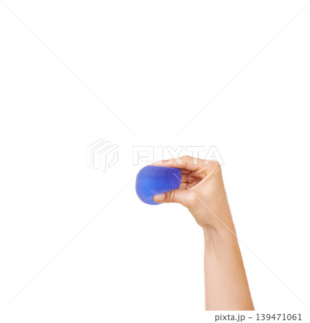 Woman, hand and stress ball for anger management, anxiety or finger exercise against a white studio background. Closeup of female person or palm with round object for relief or tension on mockup Woman, hand and stress ball for anger management, anxiety or finger exercise against a white studio background. Closeup of female person or palm with round object for relief or tension on mockup 139471061