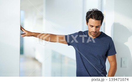 Man, thinking and sad or loss in home as lonely expression, mental health or depressed. Male person, thoughts and anxiety stress or disappointed frustrated or burnout, unhappy distress or fear risk 139471074