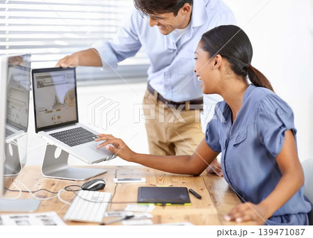Business people, laptop and working on project together, editing and retouching image for agency. Teamwork, partnership and support or collaboration at creative company, brainstorming and screen Business people, laptop and working on project together, editing and retouching image for agency. Teamwork, partnership and support or collaboration at creative company, brainstorming and screen 139471087