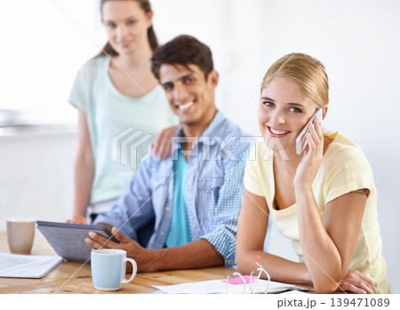 Businesswoman, phone call and portrait or networking in office, speaking and communication on technology. Female person, teamwork and collaboration at company on smartphone, discussion and mobile app 139471089