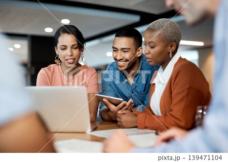 Laptop, business people and discussion in office for creative planning, brand proposal and idea. Happy team, tech and brainstorming in startup company for campaign, market research or project review 139471104