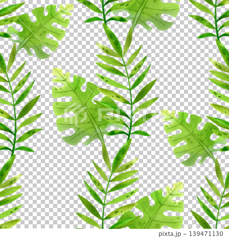 Green tropical palm and monstera leaves, vibrant summer watercolor seamless pattern. Fresh, hand drawn exotic plants for design, packaging, and fabric. 139471130