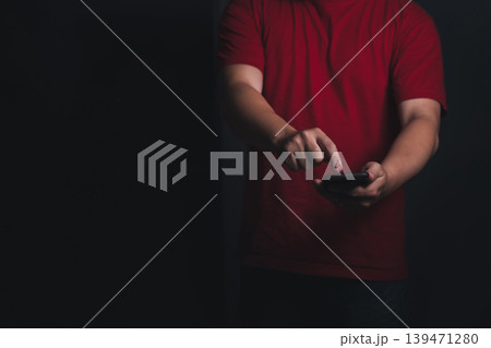 Close up man hand hold and pressing smartphone. Communication technology with copy space. 139471280