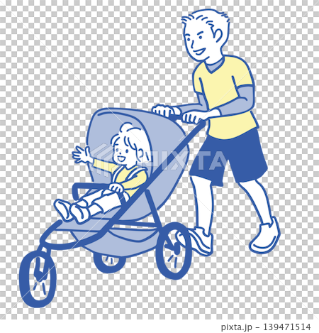 A simple illustration of a young man walking with his child in a stroller. A simple illustration of a young man walking with his child in a stroller. 139471514