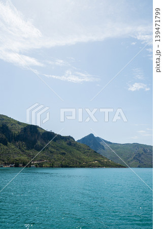 Panoramic Landscape view on green canyon Antalya Turkey with turquoise water mountain cliffs and green forest. Showcasing natural beauty travel tourist destination. Vacation concept 139471799