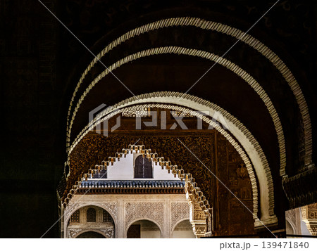 Moorish Courtyard Arches and Ornate Stucco Detail in Historic Islamic Palace Interior, Alhambra, Granada Moorish Courtyard Arches and Ornate Stucco Detail in Historic Islamic Palace Interior, Alhambra, Granada 139471840
