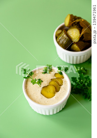 creamy tartar sauce with sliced gherkins and fresh herbs creamy tartar sauce with sliced gherkins and fresh herbs 139471961