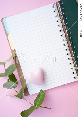 Zero waste concept with open notebook and green eucaliptus leaves Zero waste concept with open notebook and green eucaliptus leaves 139472342