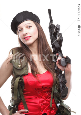 Girl holding Rifle islated on white background Girl holding Rifle islated on white background 139472623